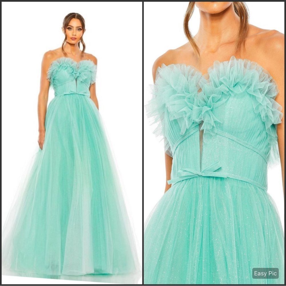 NWT Mac Duggal 20555 Strapless Ruffle Glitter Tulle Gown Aqua Ombre